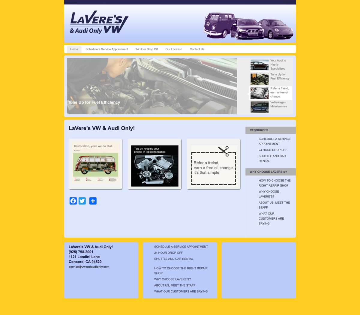 The original LaVere's website: canary yellow background, periwinkle panels, clip-art car cutouts and a scanned coupon graphic
